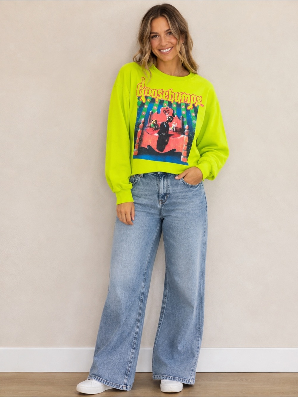 Neon Green Cropped Graphic Sweatshirt Large